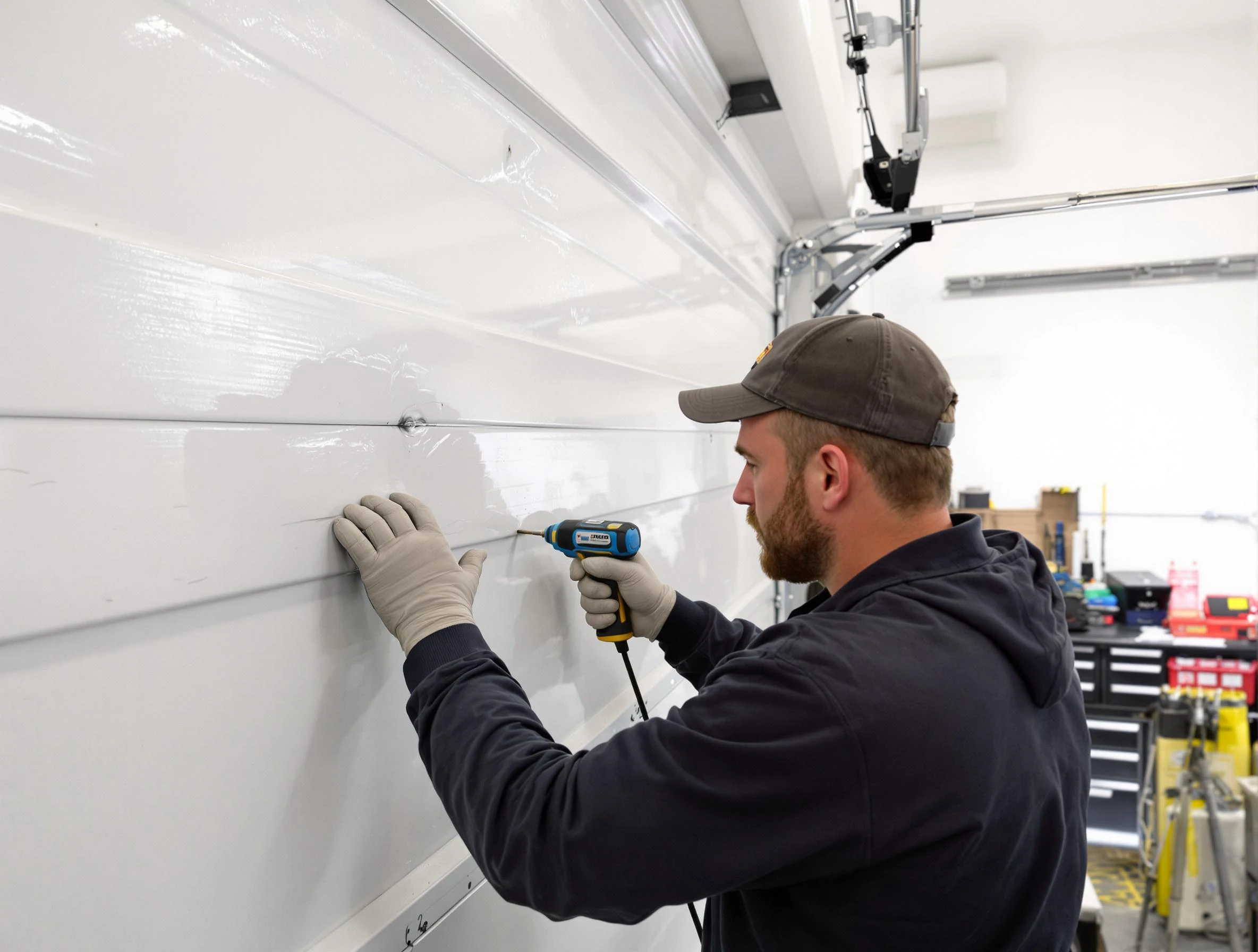 Fort Myers Garage Door Repair technician demonstrating precision dent removal techniques on a Fort Myers garage door